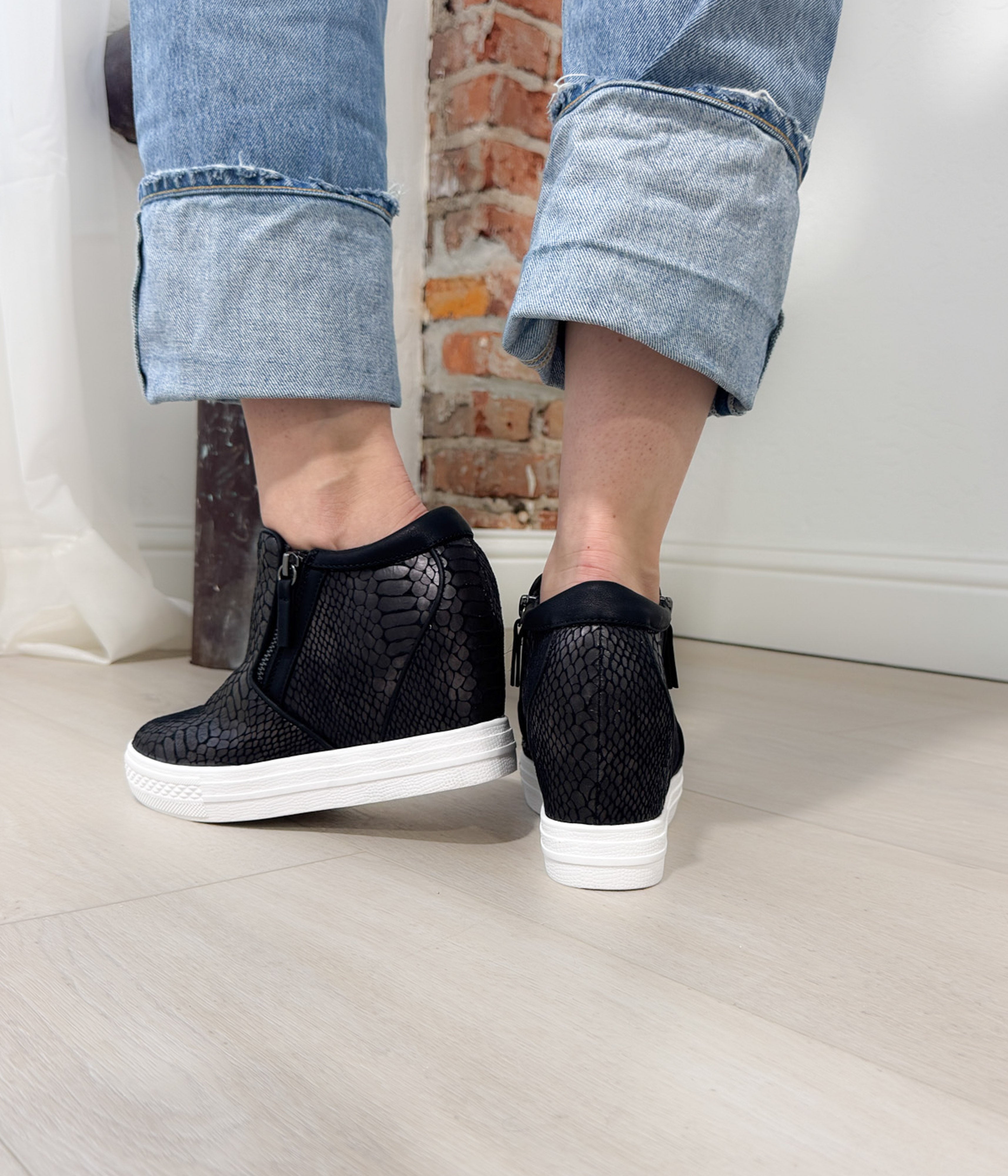 Timmibelle Wedge Sneaker Black Reptile Embossed Leather Naughty Monkey